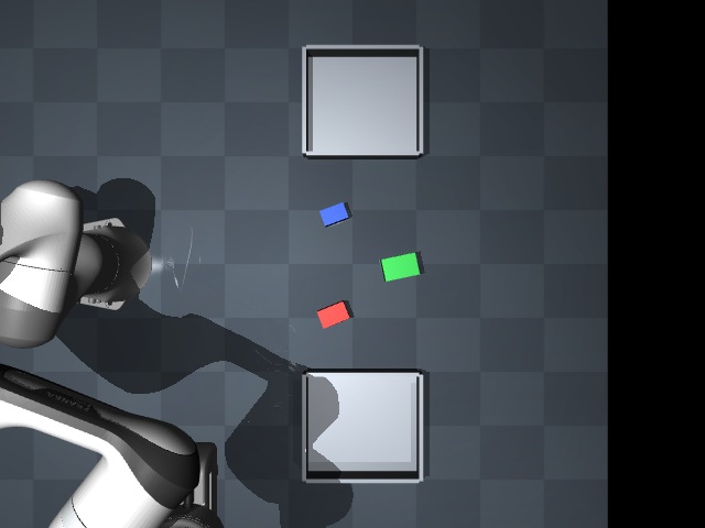 Initial full overhead camera image: red, green and blue parts between two empty trays