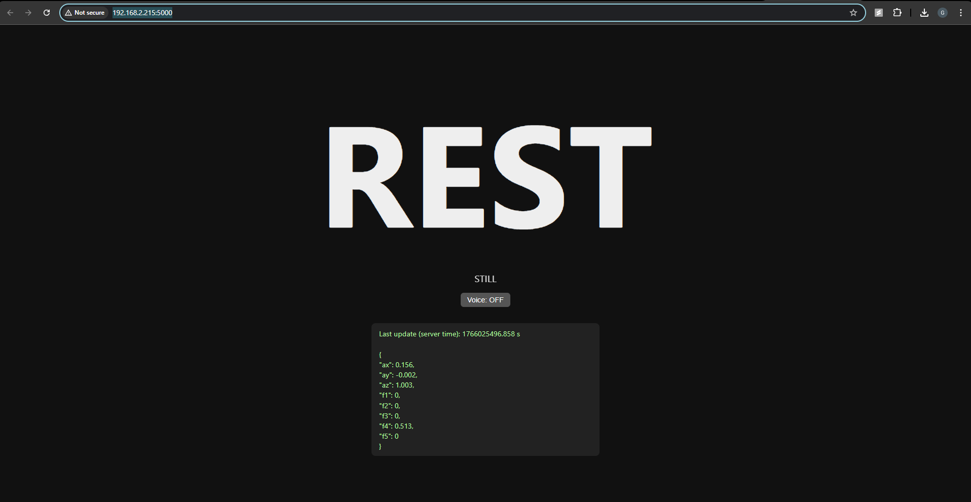 Live ASL recognition dashboard showing the word REST