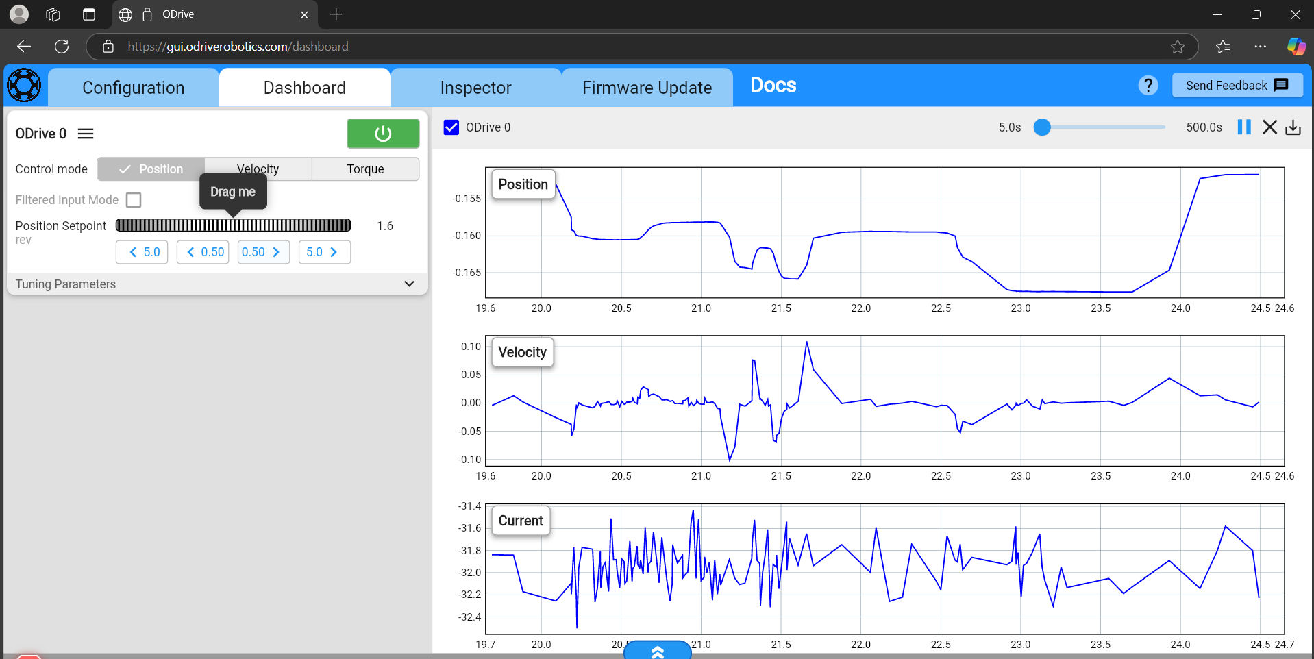 Position, velocity, and current traces from electrical testing